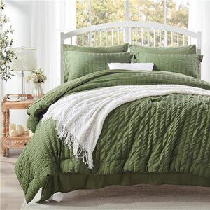Queen Comforter Set 7 Pieces, Olive Green Seersucker Bed in a Bag